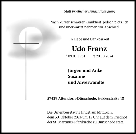 Todesanzeige von Udo Franz von WA