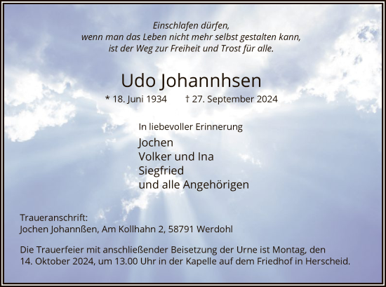Todesanzeige von Udo Johannhsen von WA