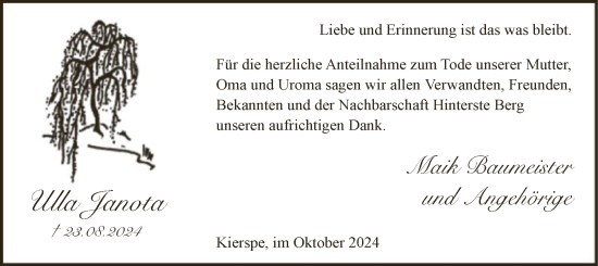 Todesanzeige von Ulla Janota von WA