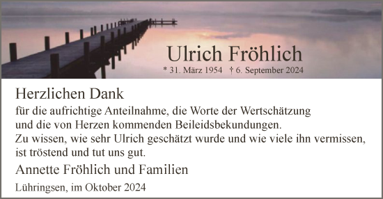 Todesanzeige von Ulrich Fröhlich von WA