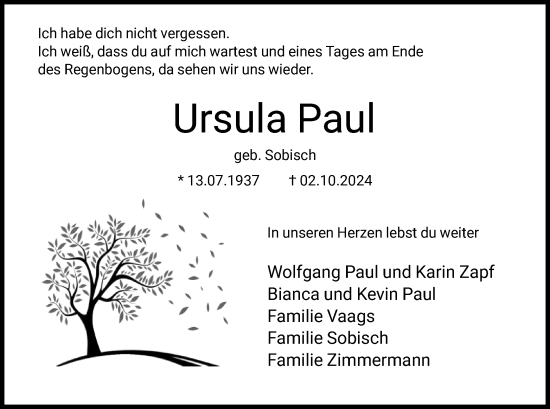 Todesanzeige von Ursula Paul von WA