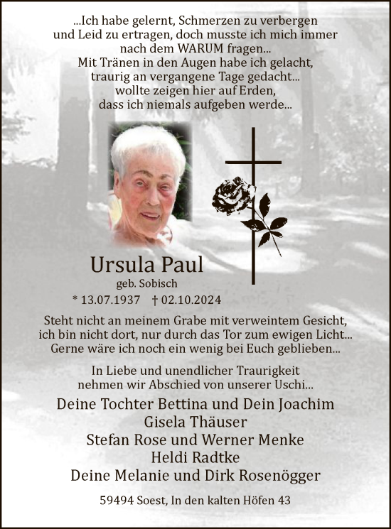 Todesanzeige von Ursula Paul von WA