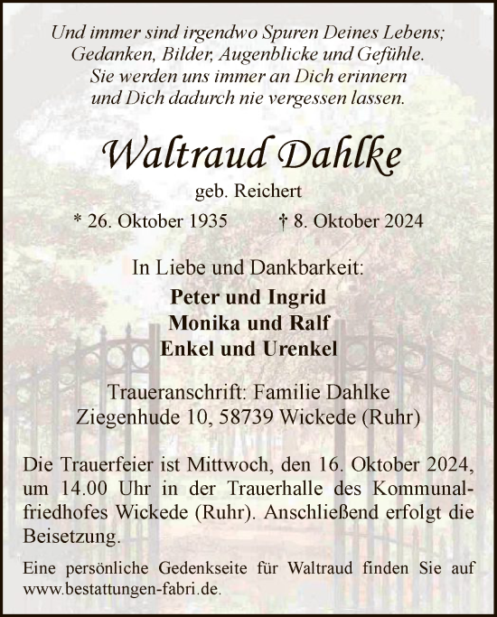 Todesanzeige von Waltraud Dahlke von WA