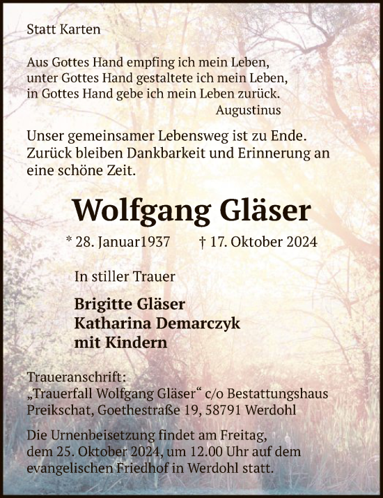 Todesanzeige von Wolfgang Gläser von WA