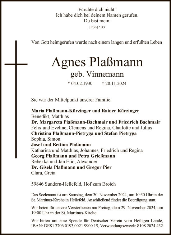 Todesanzeige von Agnes Plaßmann von WA