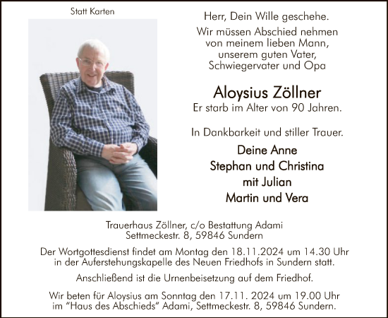 Todesanzeige von Aloysius Zöllner von WA