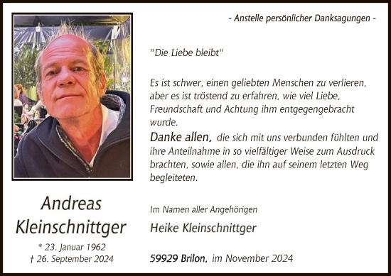 Todesanzeige von Andreas Kleinschnittger von WA