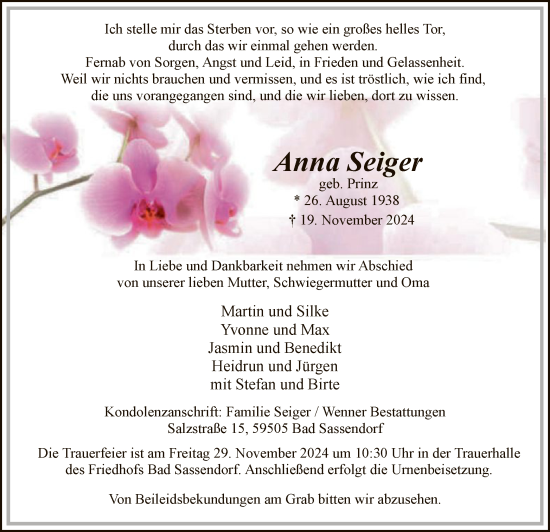 Todesanzeige von Anna Seiger von WA