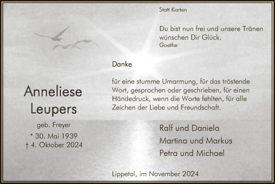 Todesanzeige von Anneliese Leupers von WA