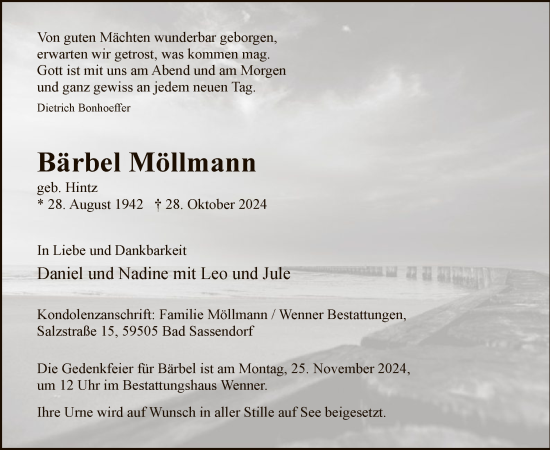 Todesanzeige von Bärbel Möllmann von WA