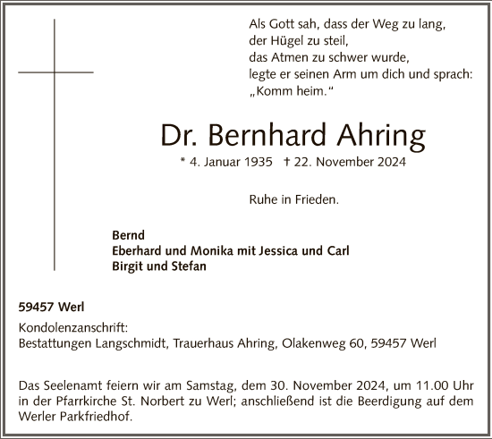 Todesanzeige von Bernhard Ahring von WA