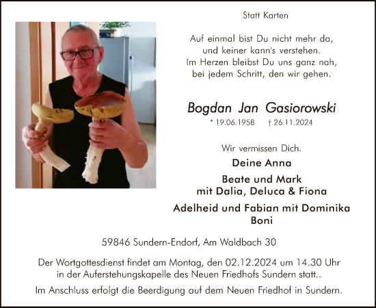 Todesanzeige von Bogdan Jan Gasiorowski von WA