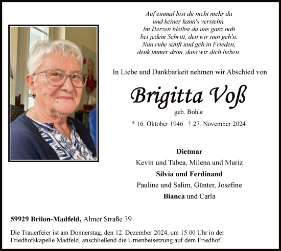 Todesanzeige von Brigitta Voß von WA