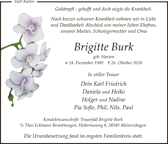 Todesanzeige von Brigitte Burk von WA