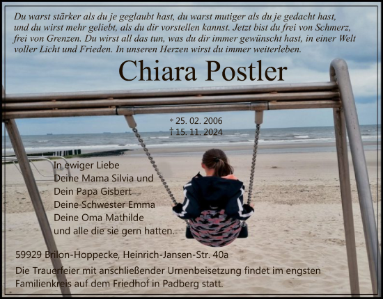Todesanzeige von Chiara Postler von WA