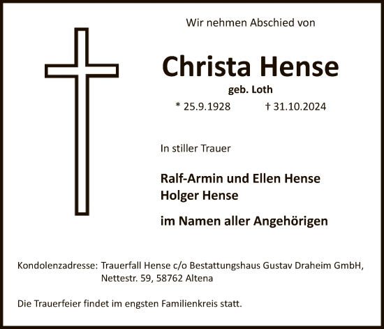 Todesanzeige von Christa Hense von WA