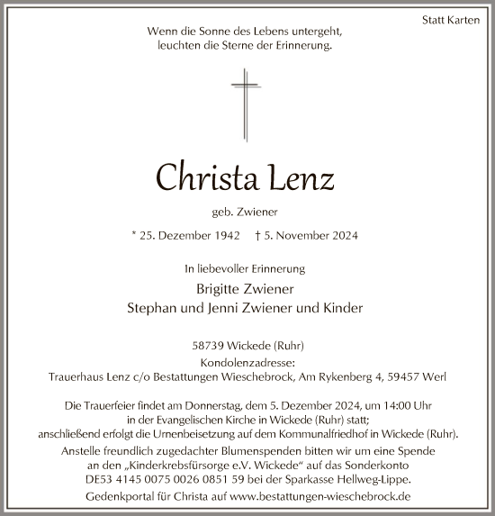 Todesanzeige von Christa Lenz von WA