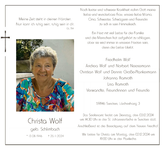 Todesanzeige von Christa Wolf von WA