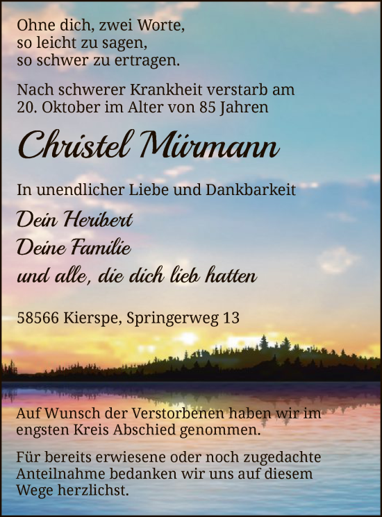 Todesanzeige von Christel Mürmann von WA