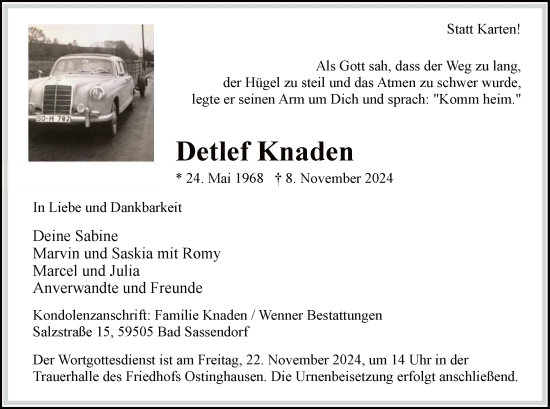 Todesanzeige von Detlef Knaden von WA