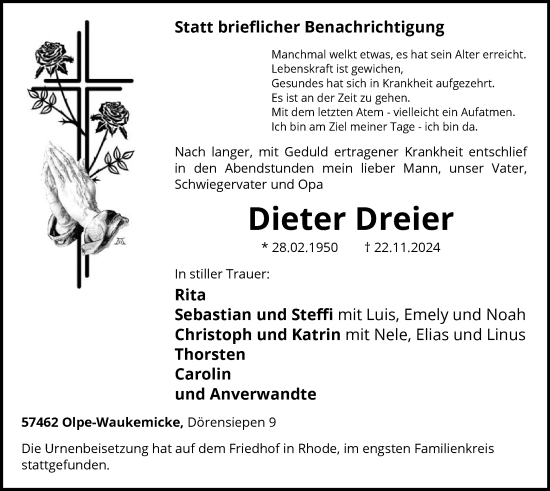 Todesanzeige von Dieter Dreier von WA