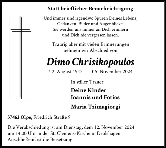 Todesanzeige von Dimo Chrisikopoulos von WA