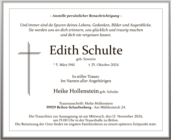 Todesanzeige von Edith Schulte von WA