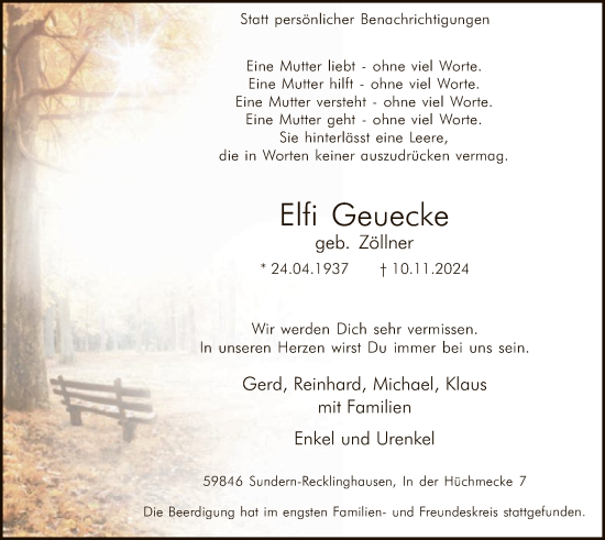 Todesanzeige von Elfi Geuecke von WA