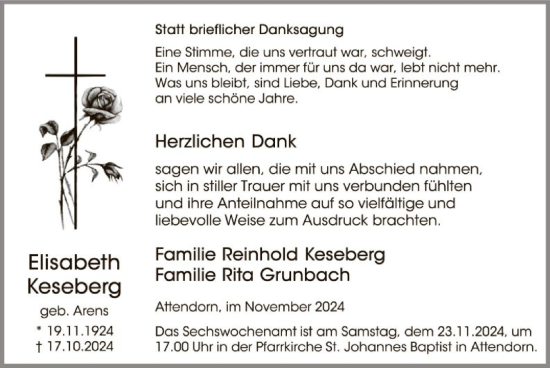 Todesanzeige von Elisabeth Keseberg von WA