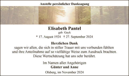 Todesanzeige von Elisabeth Pantel von WA