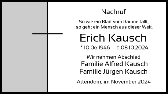 Todesanzeige von Erich Kausch von WA
