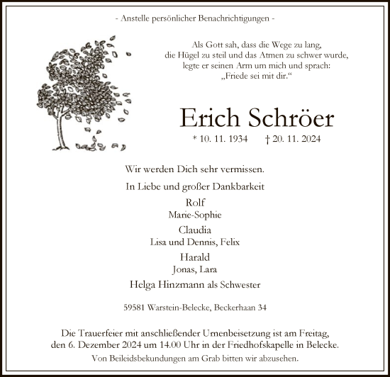 Todesanzeige von Erich Schröer von WA