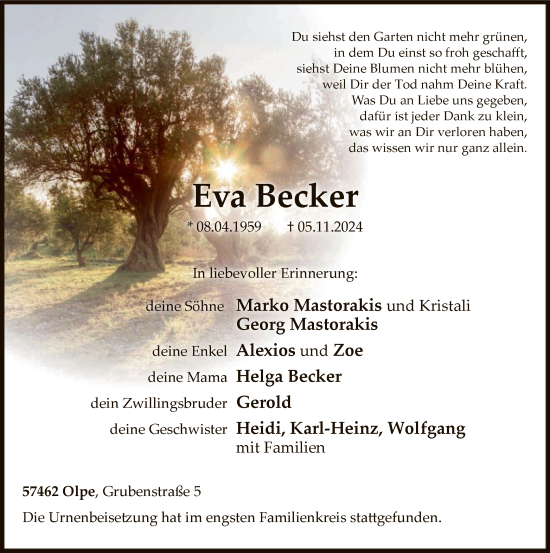 Todesanzeige von Eva Becker von WA