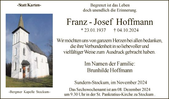 Todesanzeige von Franz-Josef Hoffmann von WA