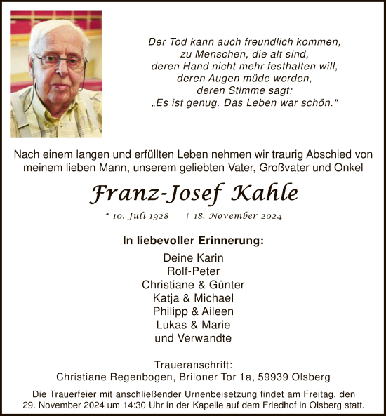Todesanzeige von Franz-Josef Kahle von WA