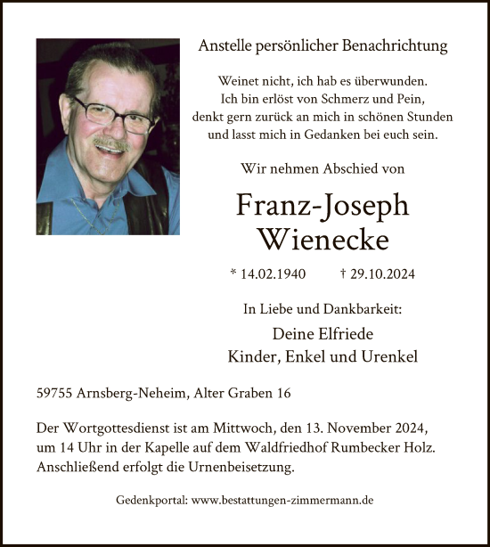 Todesanzeige von Franz-Joseph Wienecke von WA