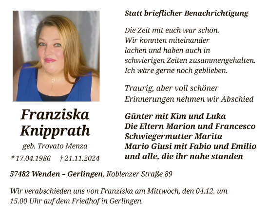 Todesanzeige von Franziska Knipprath von WA