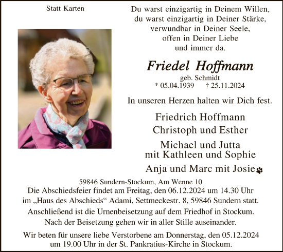 Todesanzeige von Friedel Hoffmann von WA