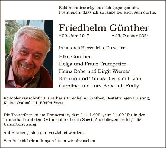 Todesanzeige von Friedhelm Günther von WA