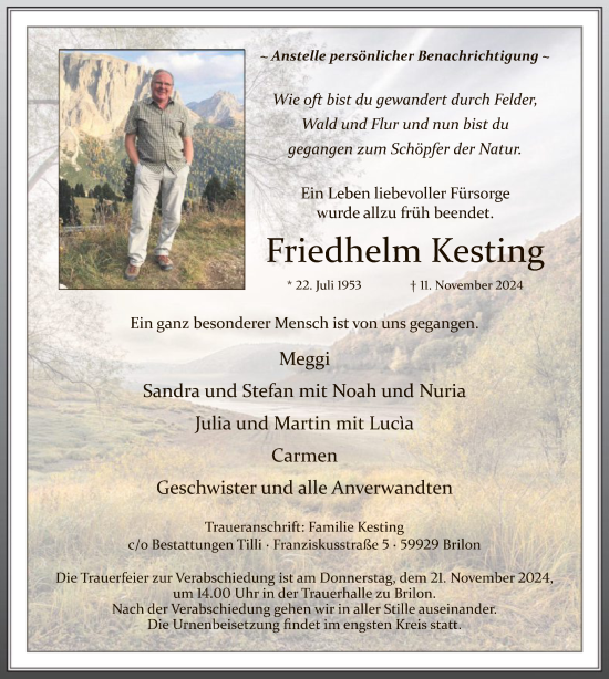 Todesanzeige von Friedhelm Kesting von WA