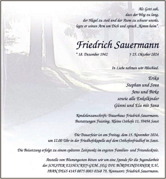 Todesanzeige von Friedrich Sauermann von WA