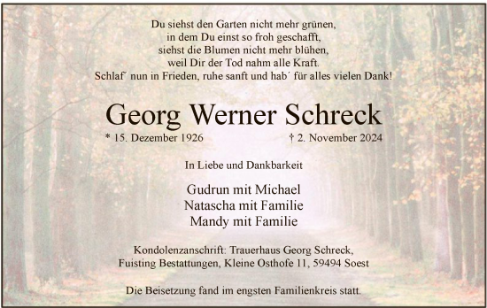 Todesanzeige von Georg Werner Schreck von WA