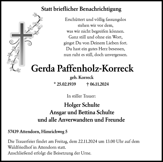 Todesanzeige von Gerda Paffenholz-Korreck von WA