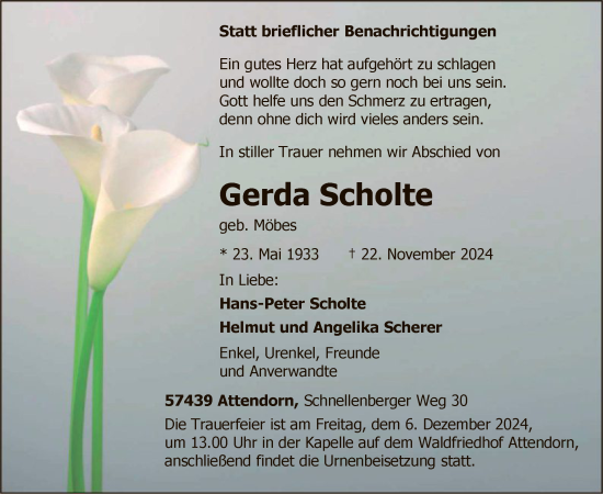 Todesanzeige von Gerda Scholte von WA