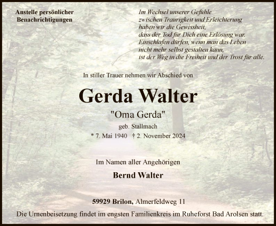 Todesanzeige von Gerda Walter von WA