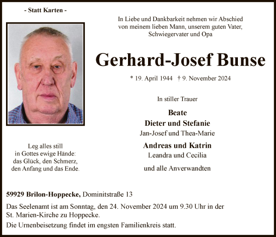 Todesanzeige von Gerhard-Josef Bunse von WA