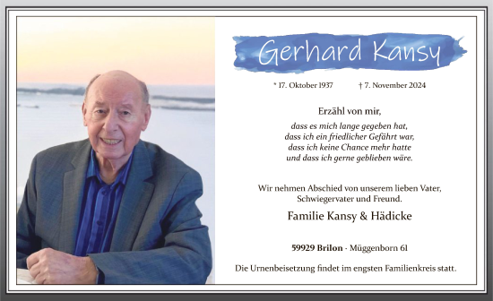 Todesanzeige von Gerhard Kansy von WA