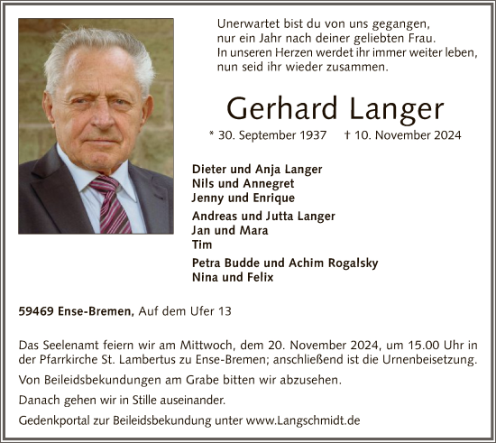 Todesanzeige von Gerhard Langer von WA