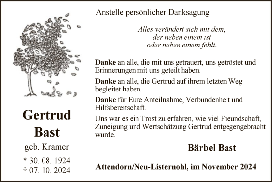 Todesanzeige von Gertrud Bast von WA