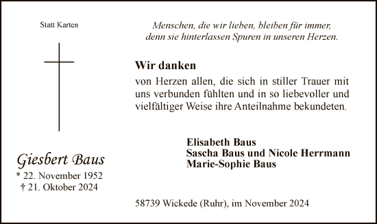 Todesanzeige von Giesbert Baus von WA